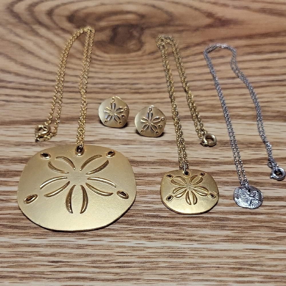 Gold and Silver Sand Dollar Necklaces, Earrings